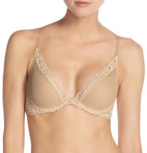 Natori Feathers Contour Plunge Bra 36DDD 36F Nude Lace Underwire